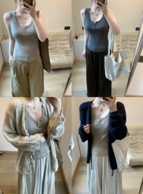 FENG甜甜_圆领纽扣无袖针织背心女秋冬新款纯色修身显瘦内搭上衣