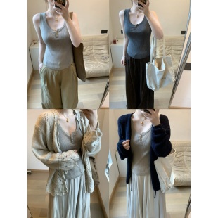 显瘦内搭上衣 纯色修身 FENG甜甜_圆领纽扣无袖 针织背心女秋冬新款