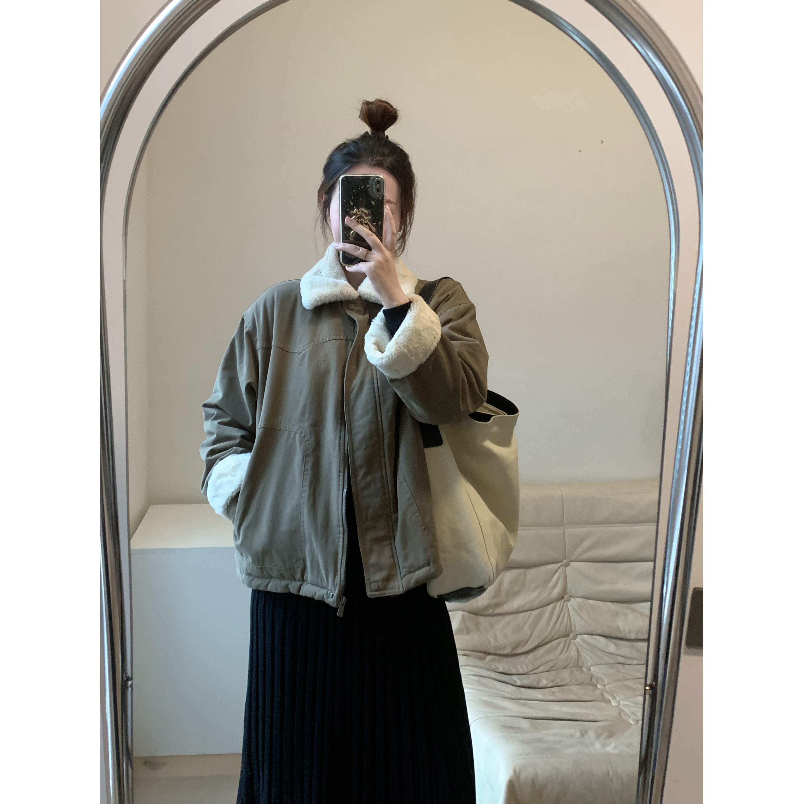 FENG甜甜_皮毛一体立领翻领内里绒绒加厚外套女冬季新款夹克上衣