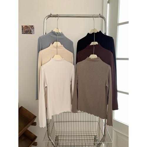 FENG甜甜_发热绒花边领打底衫女秋冬新款中领长袖内搭木耳边上衣