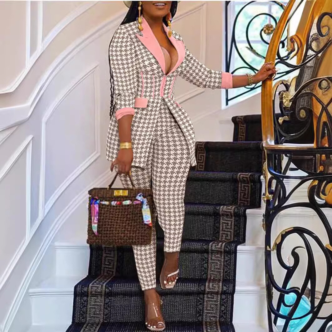 K10400亚马逊独立站货源欧美跨境新款青果领西装长裤两件套装批发