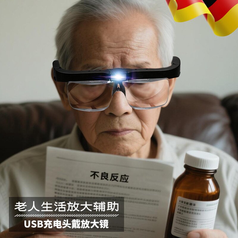 德国头戴式放大镜带led灯usb充电中老年人阅读看报高清不伤眼维修手机手表雕刻刺绣专用扩大镜眼镜型
