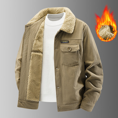 跨境新款羊羔绒男士外套加绒加厚棉衣休闲工装棉服复古灯芯绒夹克