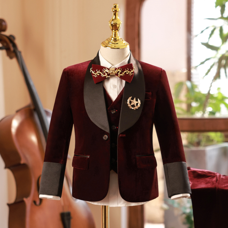 芭蒂熊男童西装套装秋冬酒红丝绒