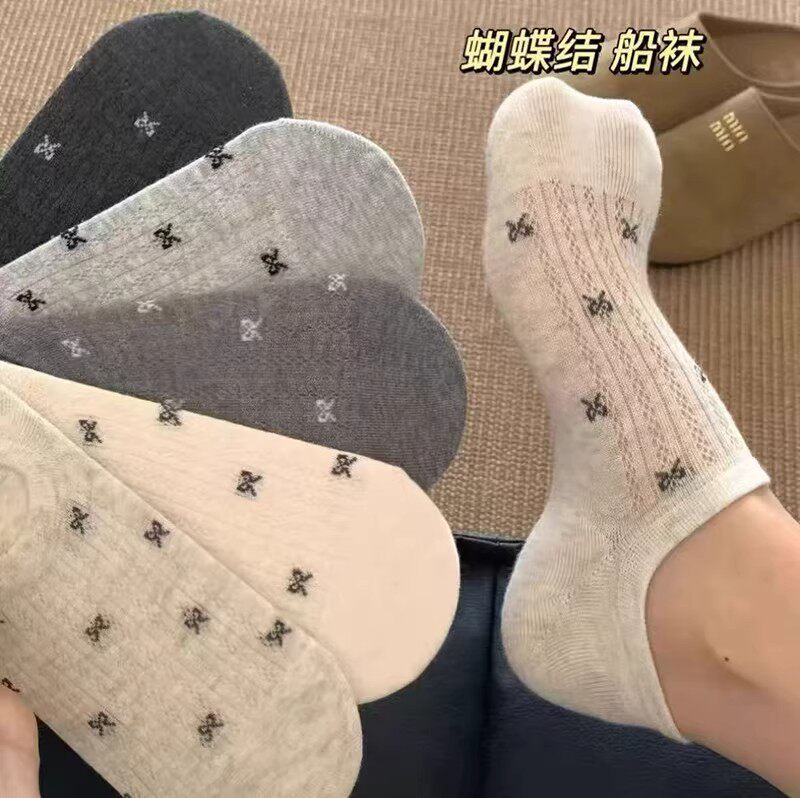 蝴蝶结女士船袜ins潮夏季薄款透气镂空网眼低帮浅口隐形短袜女