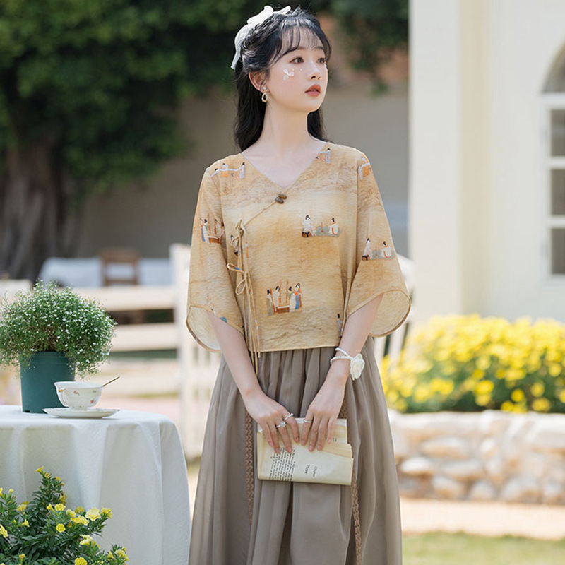 夏季新款中式复古印花改良汉服汉元素唐装上衣半身裙禅茶服套装女
