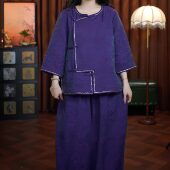 老料国风女装 举世无双 两件套 宽松上衣裤 子七分袖 紫色 新中式