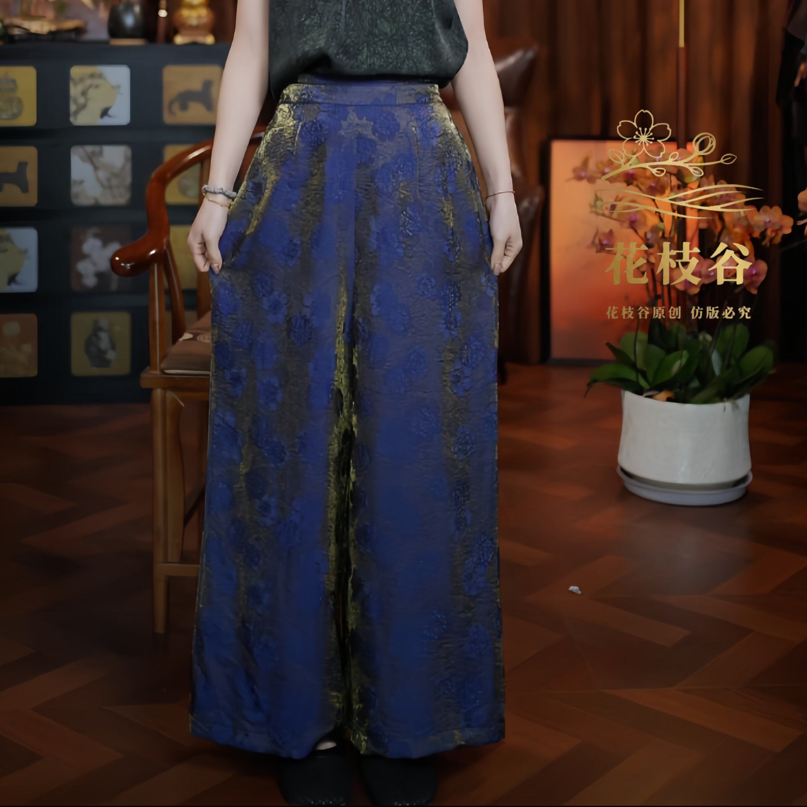 淡墨山水（蓝色）阔腿裤女装长裤宽松68040