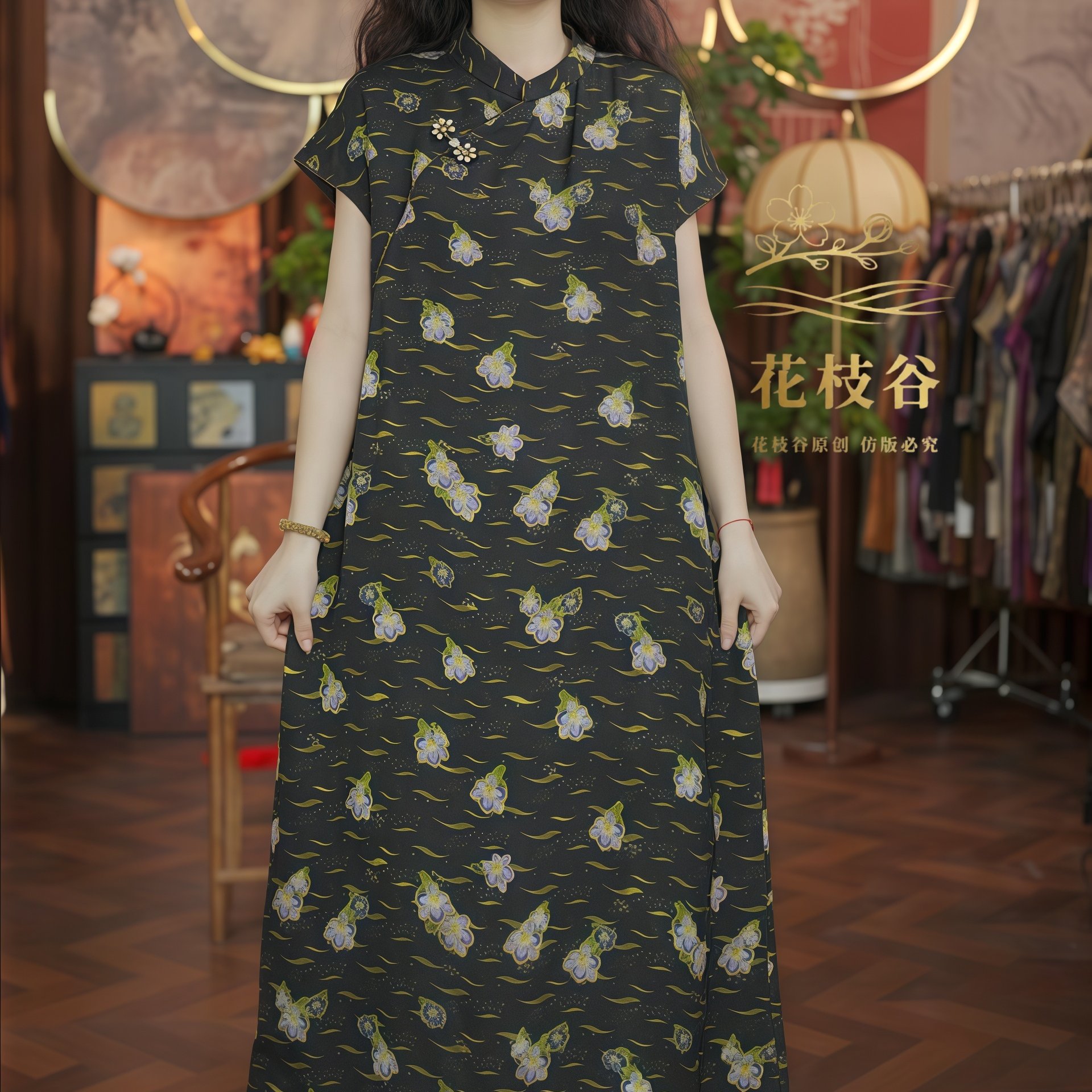 风月知裳（黑绿色）2026气质女装立领短袖旗袍连衣裙胸花
