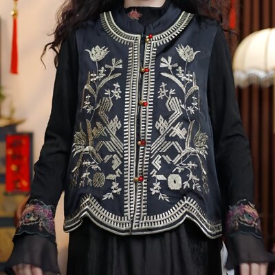 美景醉人（黑黄色）2026刺绣女装老料提花双面双穿马甲马夹