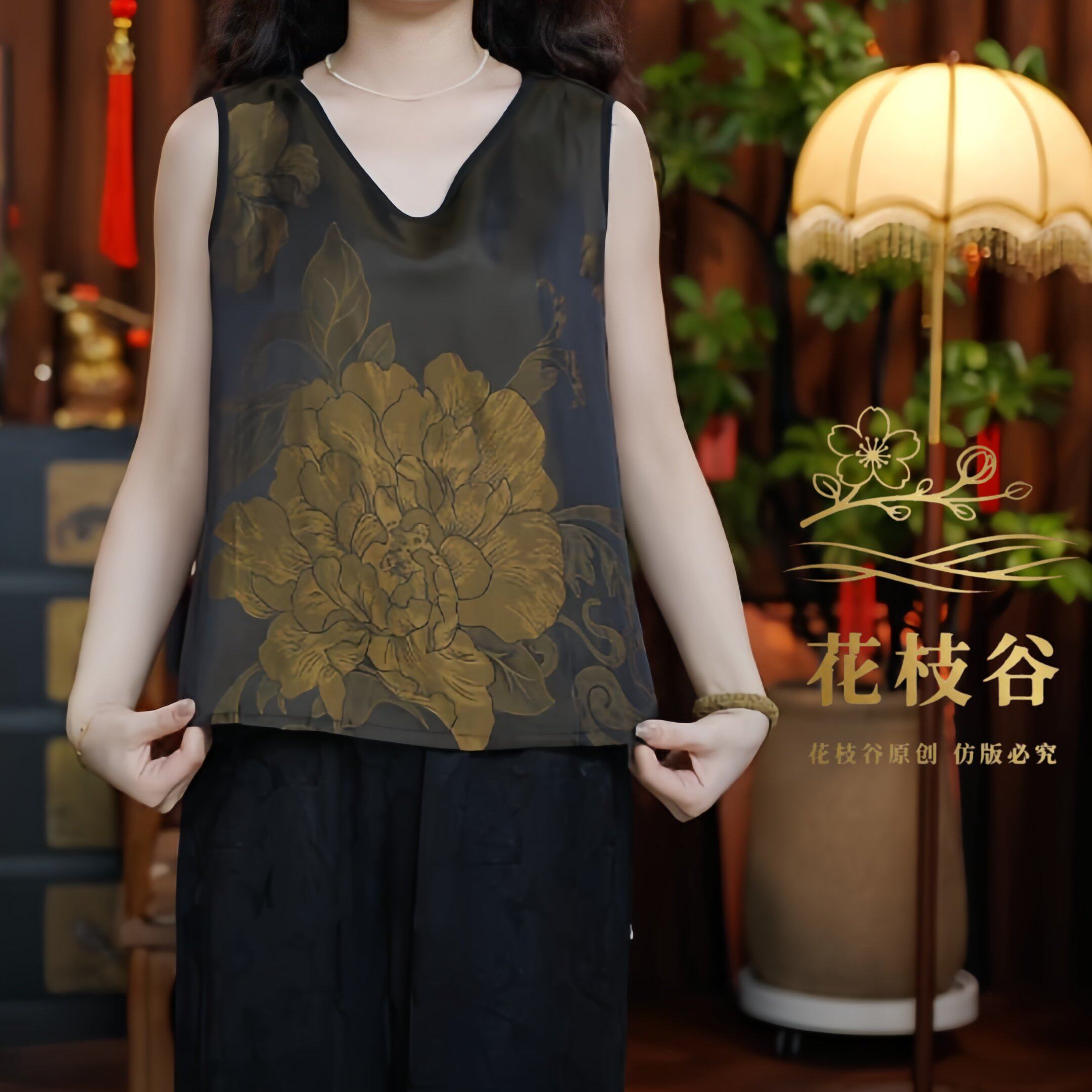 寒山拾得（灰咖色）2026提花老料V领无袖马夹马甲上衣