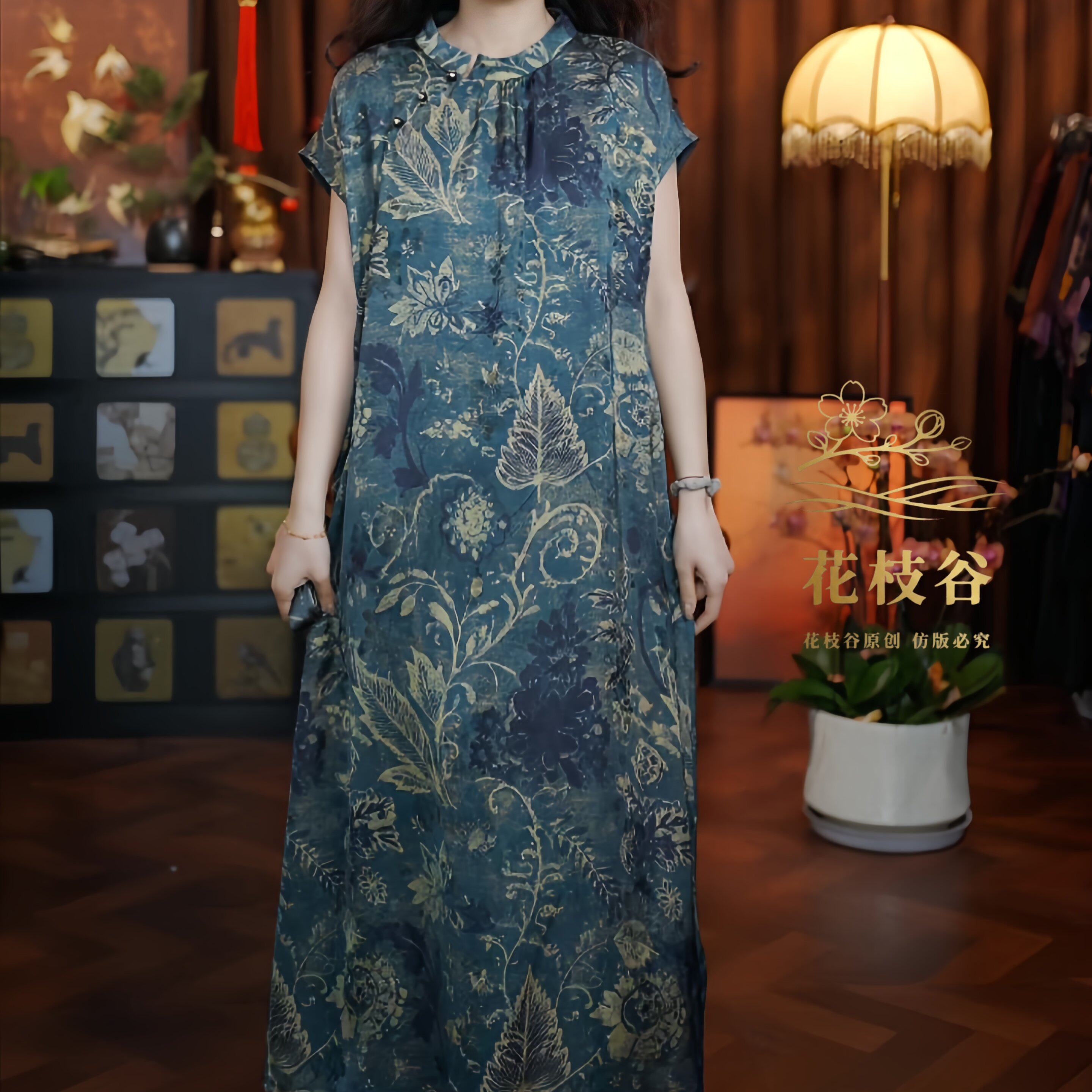 温香飘思（灰蓝色）2026提花老料短袖圆领改良旗袍连衣裙