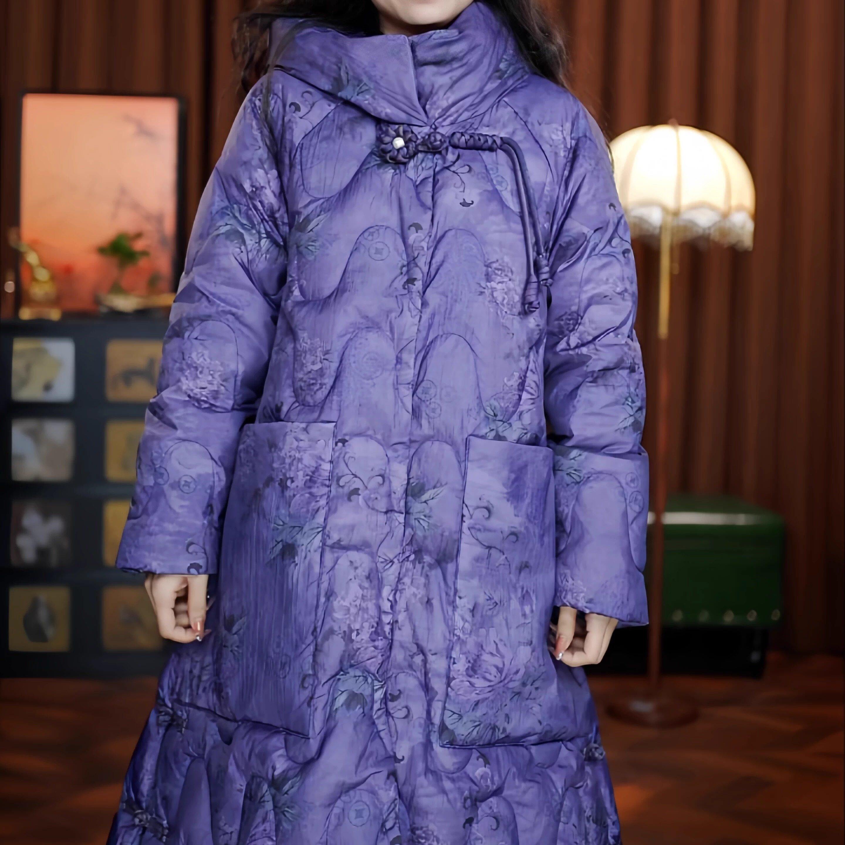 婉若清风（蓝紫色）羽绒服连帽长款白鸭绒冬季加厚女装外套