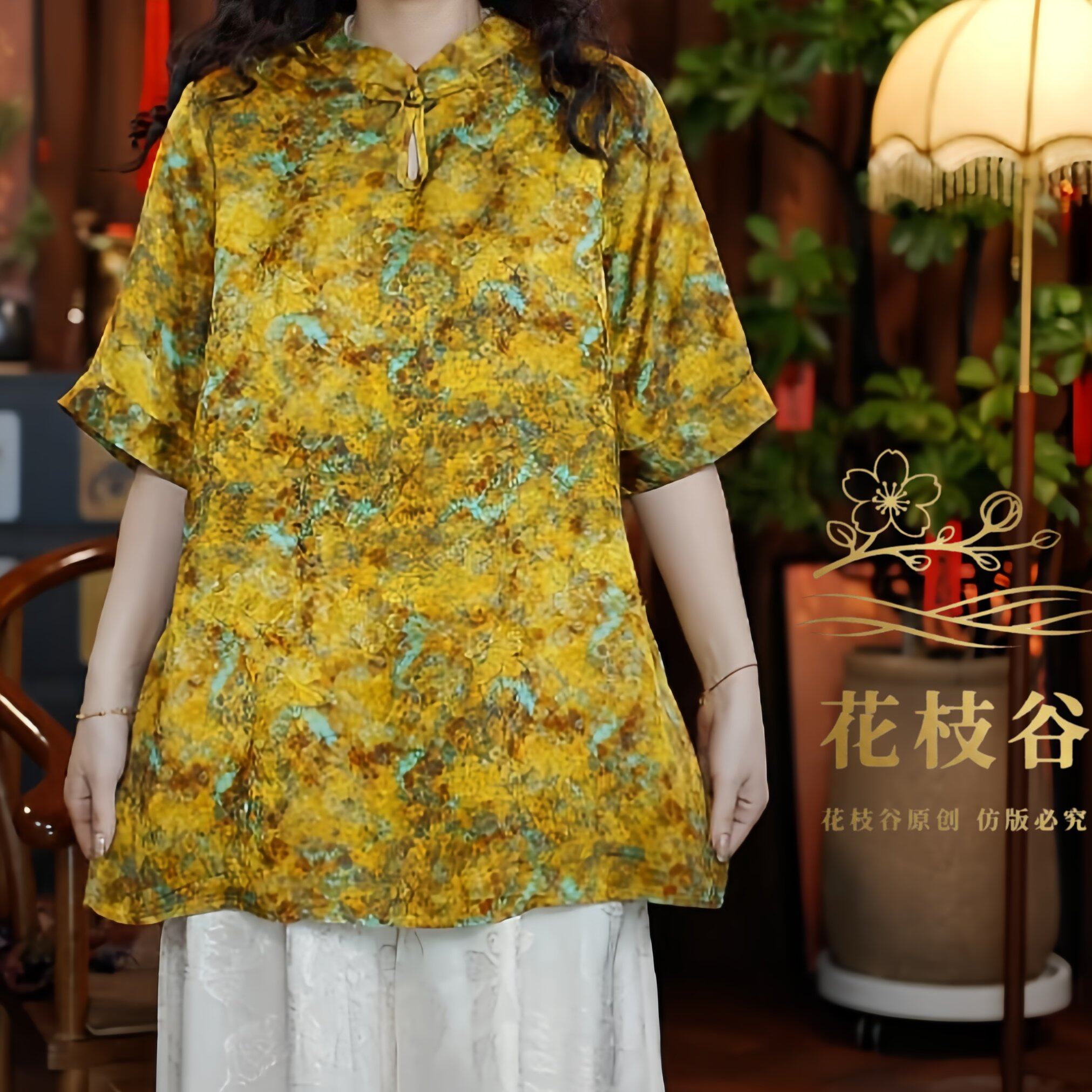 桂影斑驳（黄色）2026新中式立领水滴五分袖宽松上衣国风女装