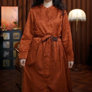 锦瑟（桔红色）双面双穿提花老料女装新款长袖长款连衣裙