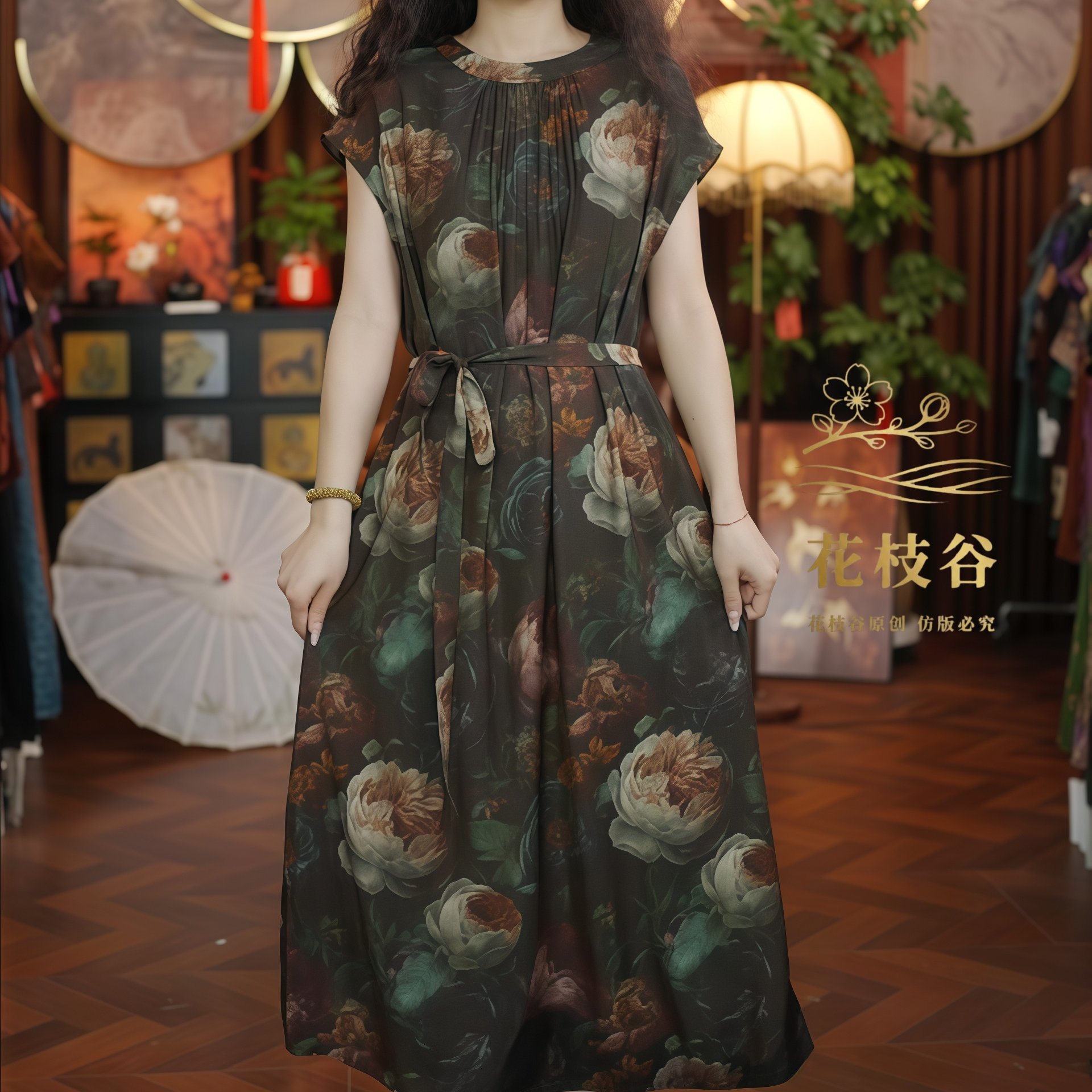 灵熙若棠（黑绿咖）提花老料女装圆领短袖连衣裙