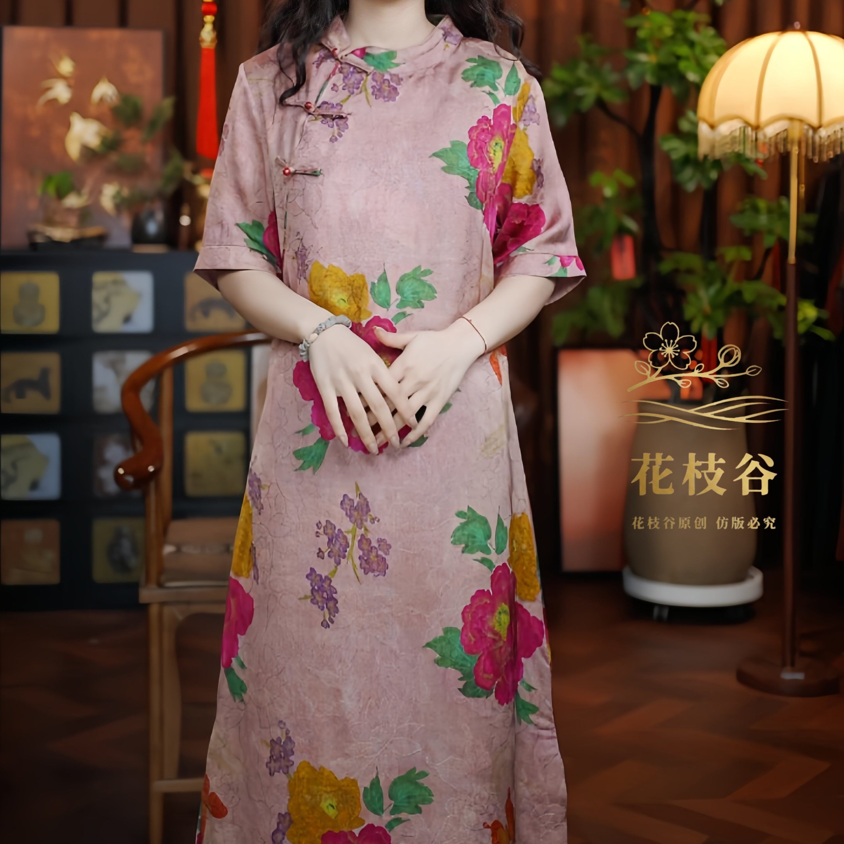 情思万千（粉红色）2026圆领五分袖女装盘扣旗袍连衣裙