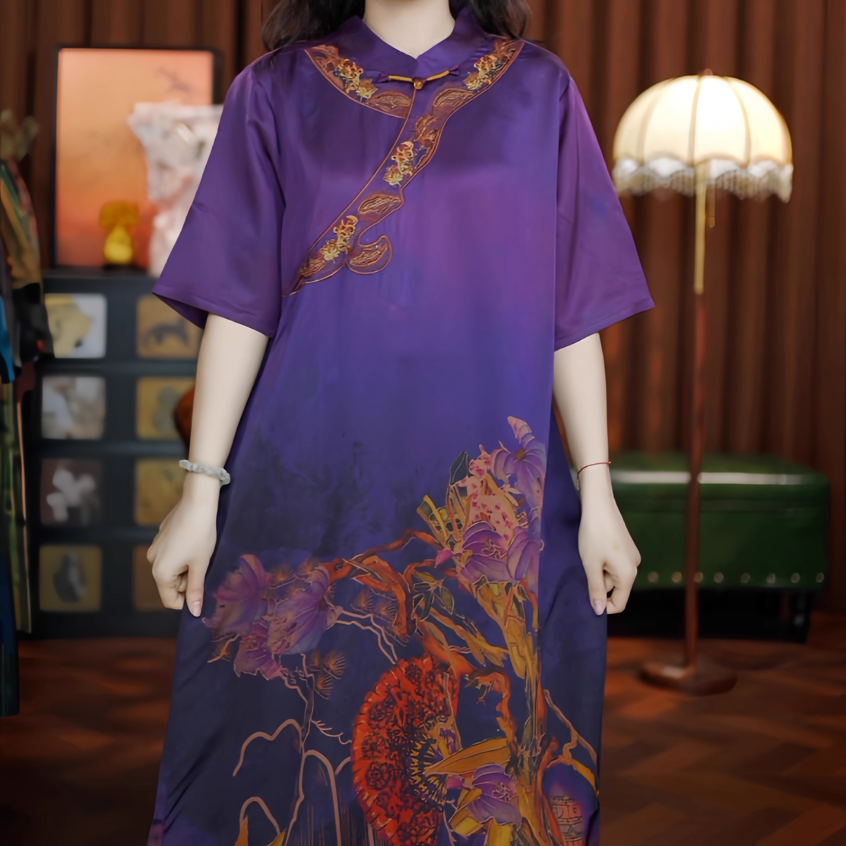 映月湖心（紫色）连衣裙宽松长款刺绣大码女装改良旗袍新中式