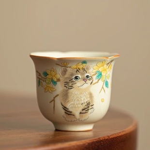 汝窑茶杯猫咪花口杯主人杯个人单杯陶瓷功夫茶具小茶杯客杯品茗杯