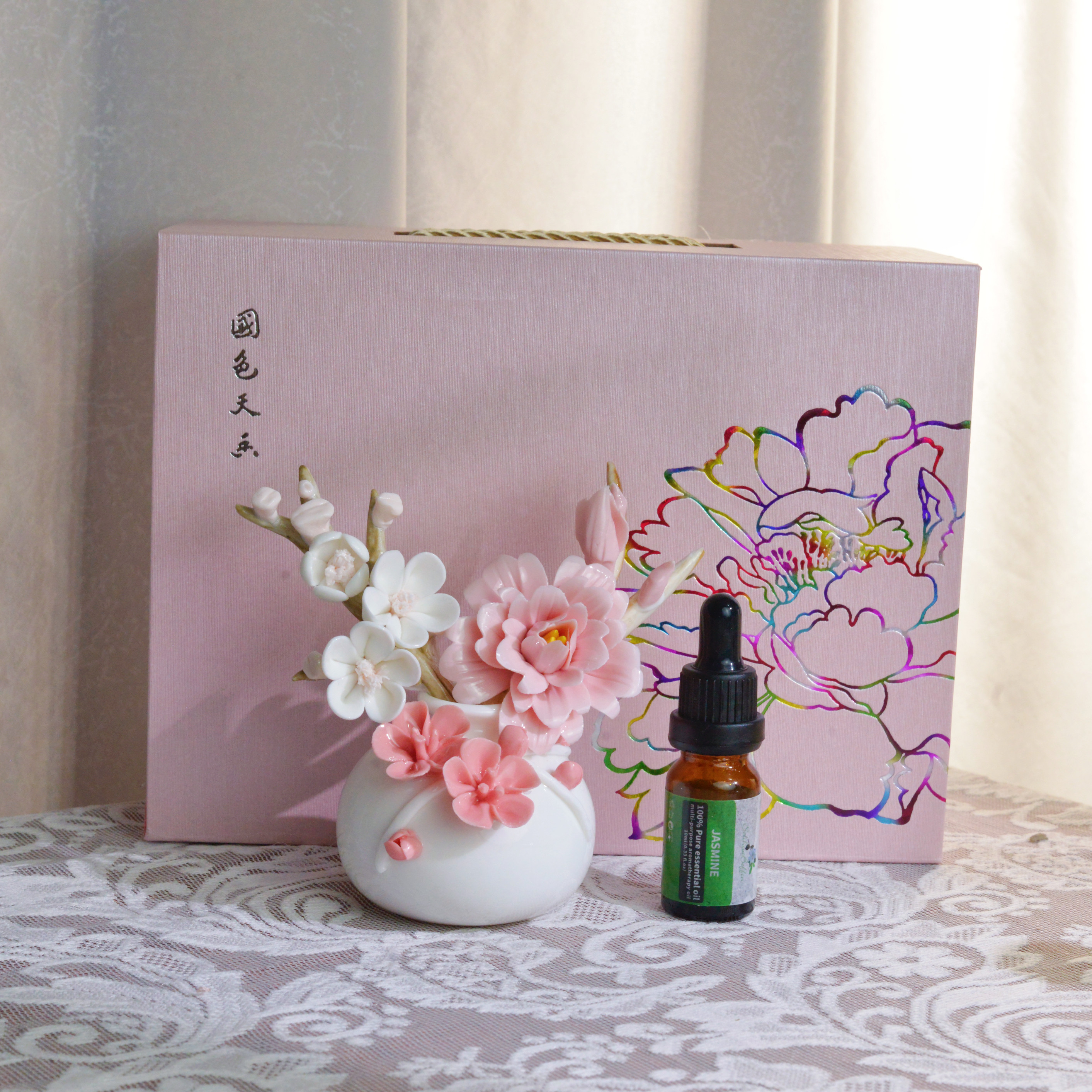 陶瓷花瓶手工花加梅花枝套组摆件茶台客厅装饰花香薰装饰送礼礼盒图片