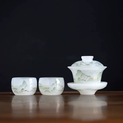 千里江山中式冰种白玉琉璃盖碗琉璃杯茶盘套装轻奢中国风茶具套装