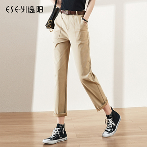 逸阳卡其色工装裤烟管裤女秋季英伦休闲高腰显瘦九分哈伦直筒裤子