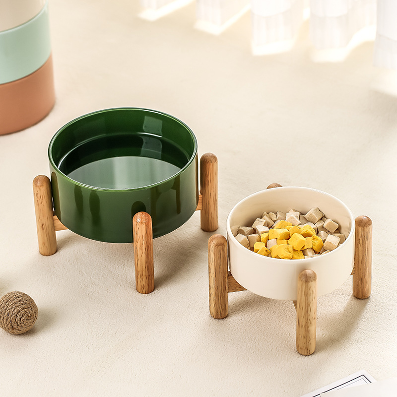 大口径猫咪喝水碗饭碗食盆宠物用黑色斜口双碗陶瓷防打翻保护颈椎