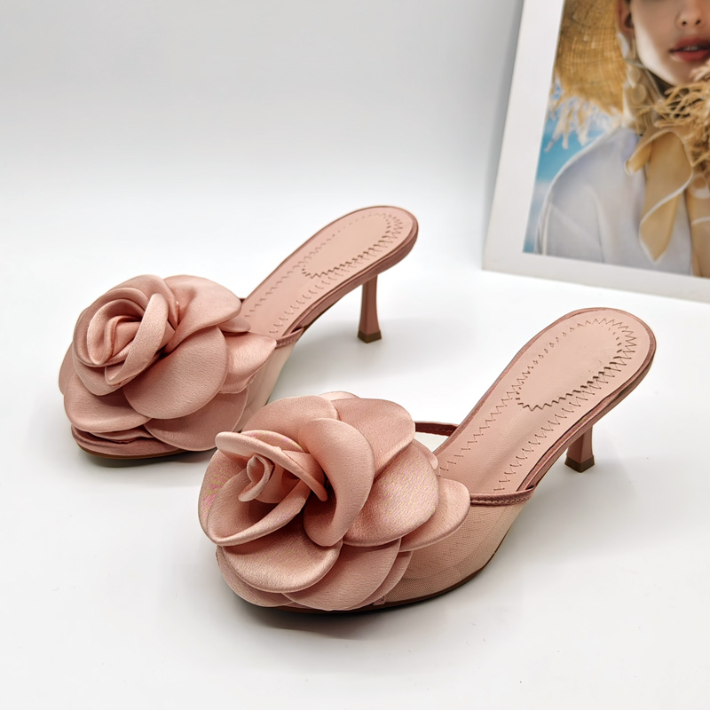 绸缎圆头露趾大花朵细跟拖鞋优雅