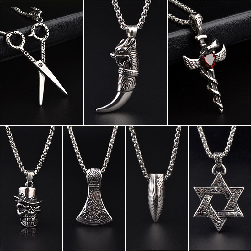 不掉色狼牙钛钢项链子霸气潮男女挂件简约个性嘻哈六芒星复古饰品