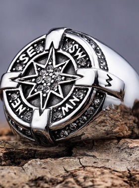 北欧高级感潮牌镶钻海神八芒星指南针戒指钛钢材质戒指时尚饰品