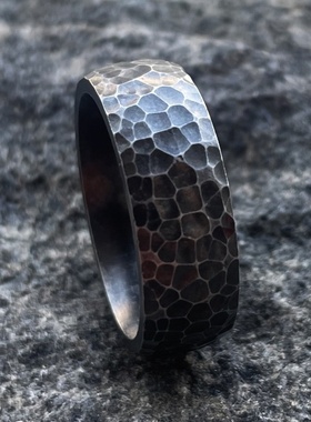 朋克风锤纹复古做旧手工锤纹戒指男个性食指凹凸陨石坑潮人指环