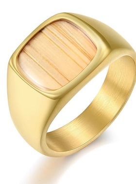 方形镶木纹大号简约戒指街头潮范钛钢镀18K金镶嵌木皮潮男戒指环