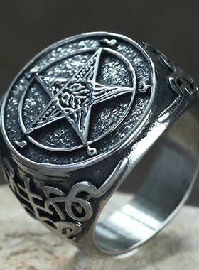 宽版新款大码恶魔图腾钛钢戒指男士饰品复古朋克风嘻哈五角星指环