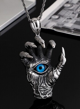 朋克风个性新款复古吊坠钛钢霸气恶魔之手毛衣链 龙爪蓝眼睛项坠