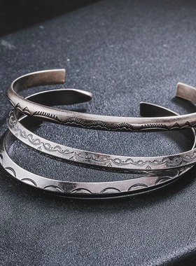印第安民族风纳瓦霍复古图腾雕纹古银男女情侣开口手镯手环首饰