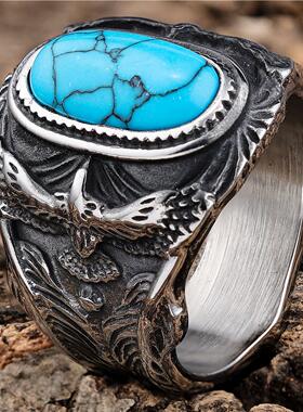 朋克风创意个性镶嵌松石指环老鹰欧美男霸气时尚潮人戒指欧美饰品