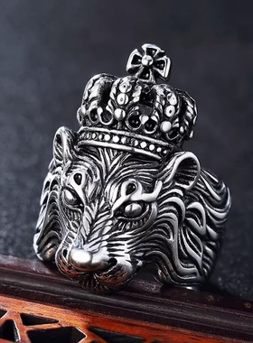 霸气个性欧美风复古狮子王皇冠男士钛钢戒指不掉色大码质感潮指环
