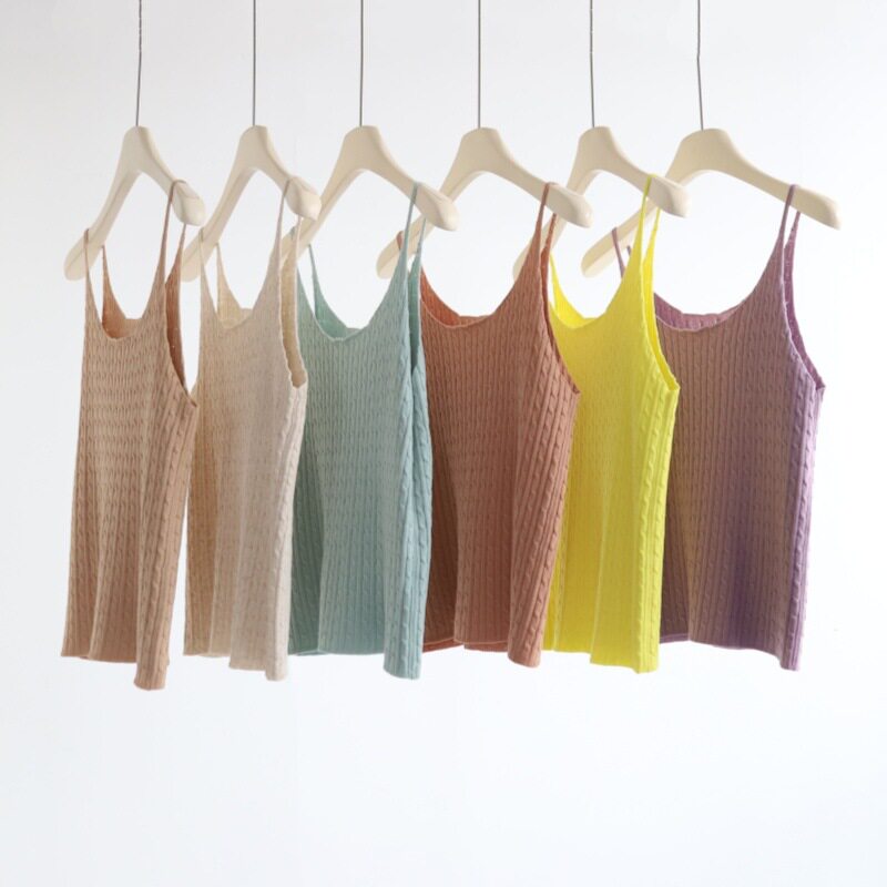 天丝亚麻细肩带卷边领复古麻花针织无袖吊带背心上衣女夏季新款