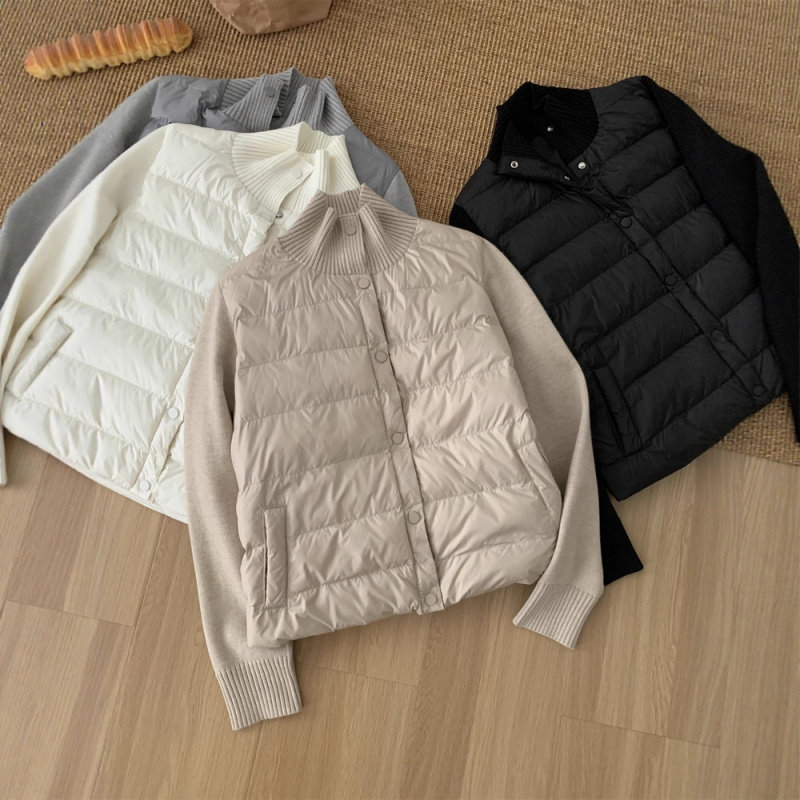 秋冬复古针织拼接夹棉外套女显瘦保暖拼接高领绵羊毛棉服开衫