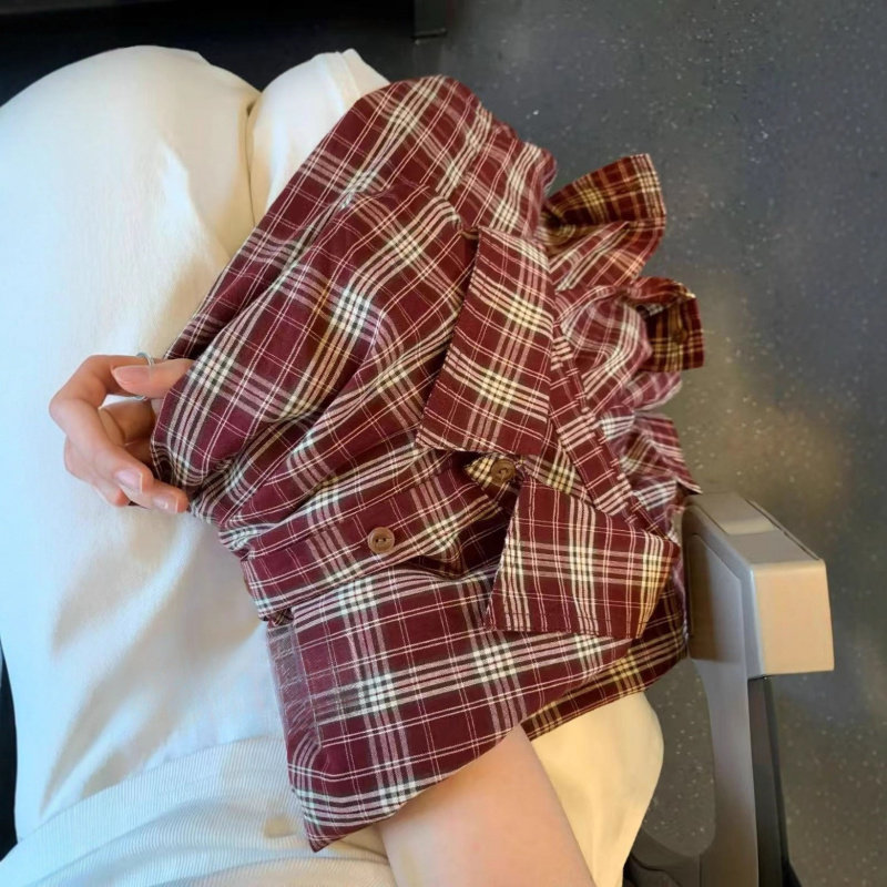 秋季ins风复古酒红格子衬衫女宽松慵懒风百搭长袖文艺设计感上衣