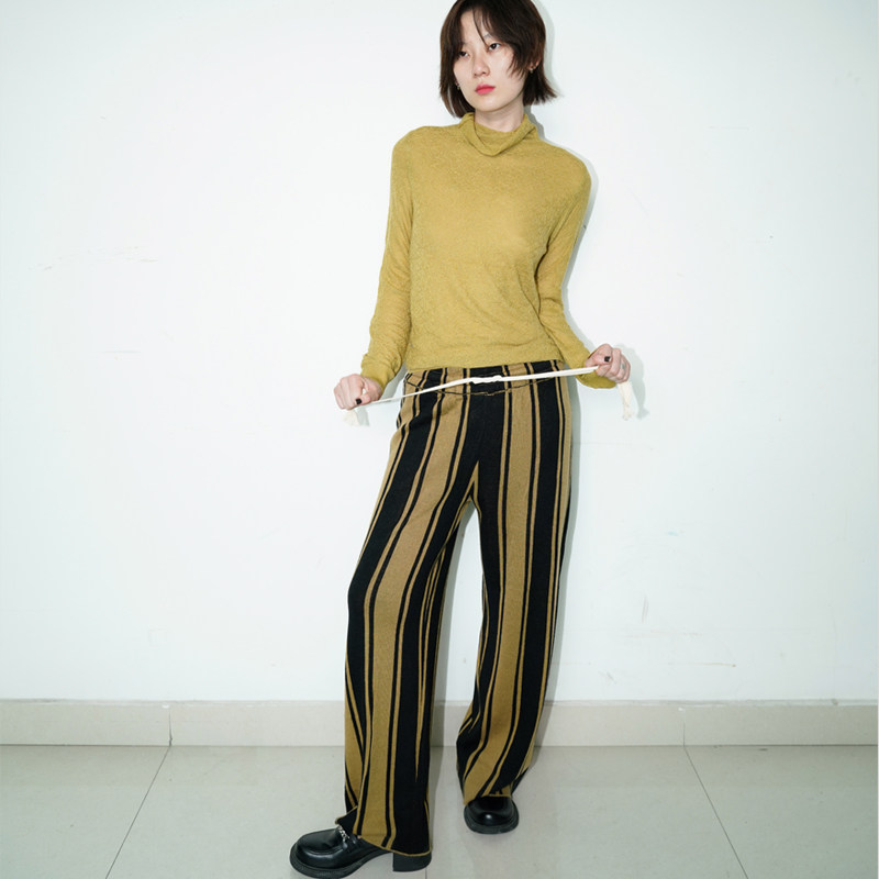 JT JANE 针织撞色中高腰通勤抽绳条纹裤女秋季休闲拖地阔脚长裤