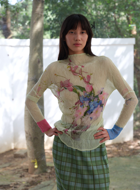 JT JANE小众设计长袖微透褶皱不规则原创印花上衣高领打底修身T恤