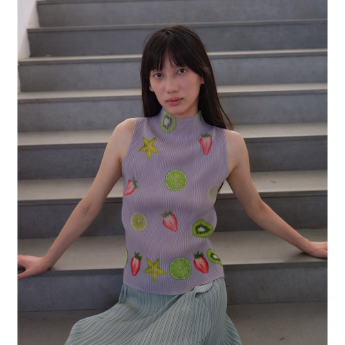 JT JANE 原创印花图案 褶皱 无袖半高领背心 压褶印花上衣