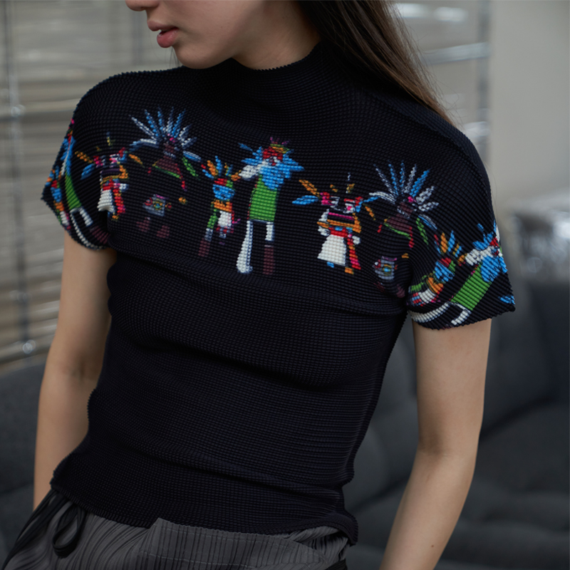 JT JANE压褶短袖肌理特殊褶皱修身印花小高领t恤打底修身背心