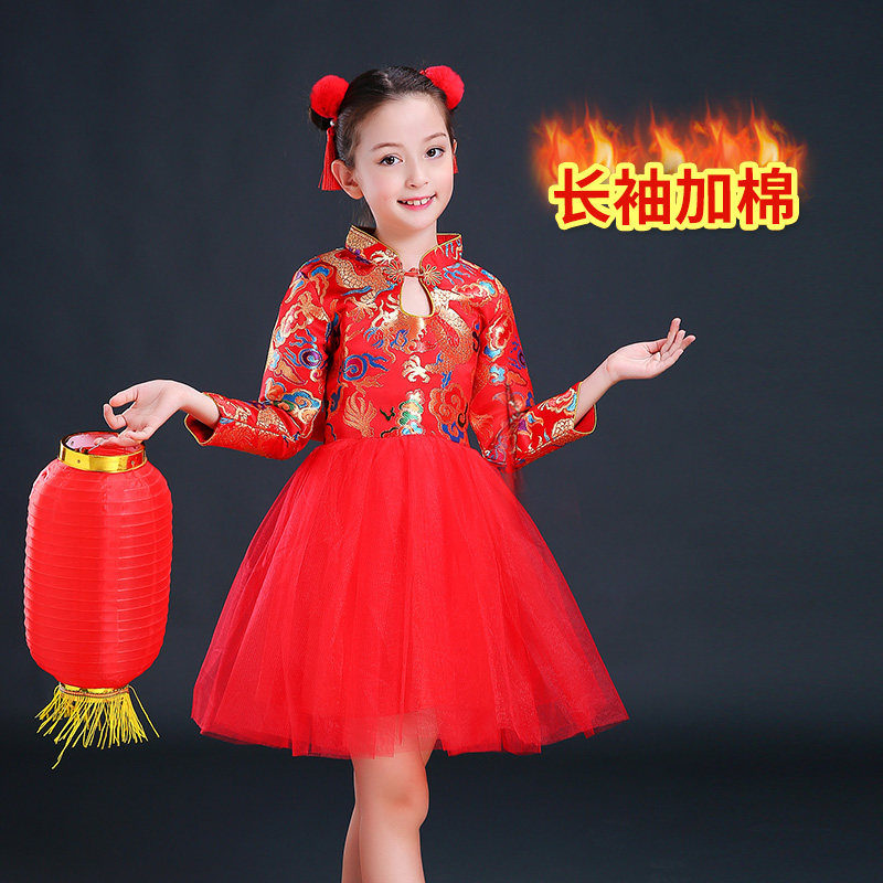 儿童旗袍中国风女童古筝公主裙表演礼服新年唐装长袖加厚夹棉秋冬