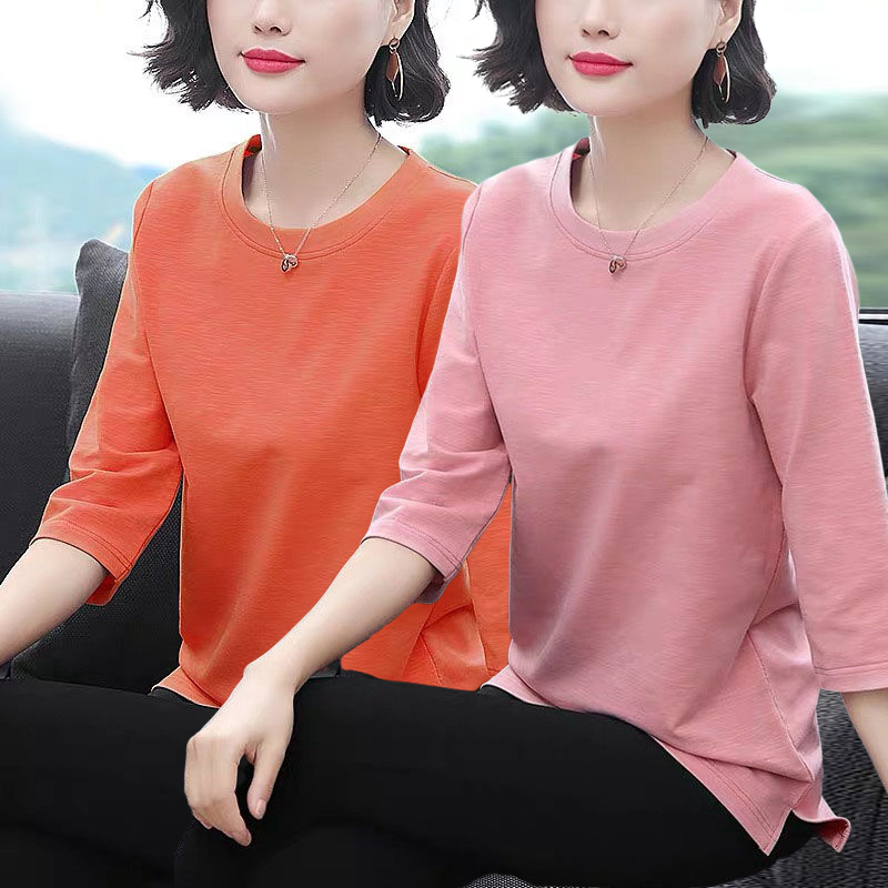 新款大码女装七分袖上衣春夏装长袖妈妈中长款中袖t恤女宽松薄款
