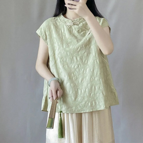国风复古盘扣上衣坎肩中式短袖棉麻背心夏季新款气质套头T恤衫女