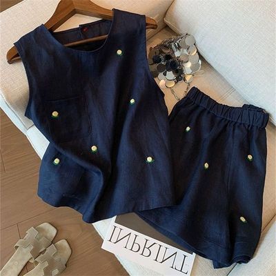 设计感休闲棉麻套装女短裤两件套