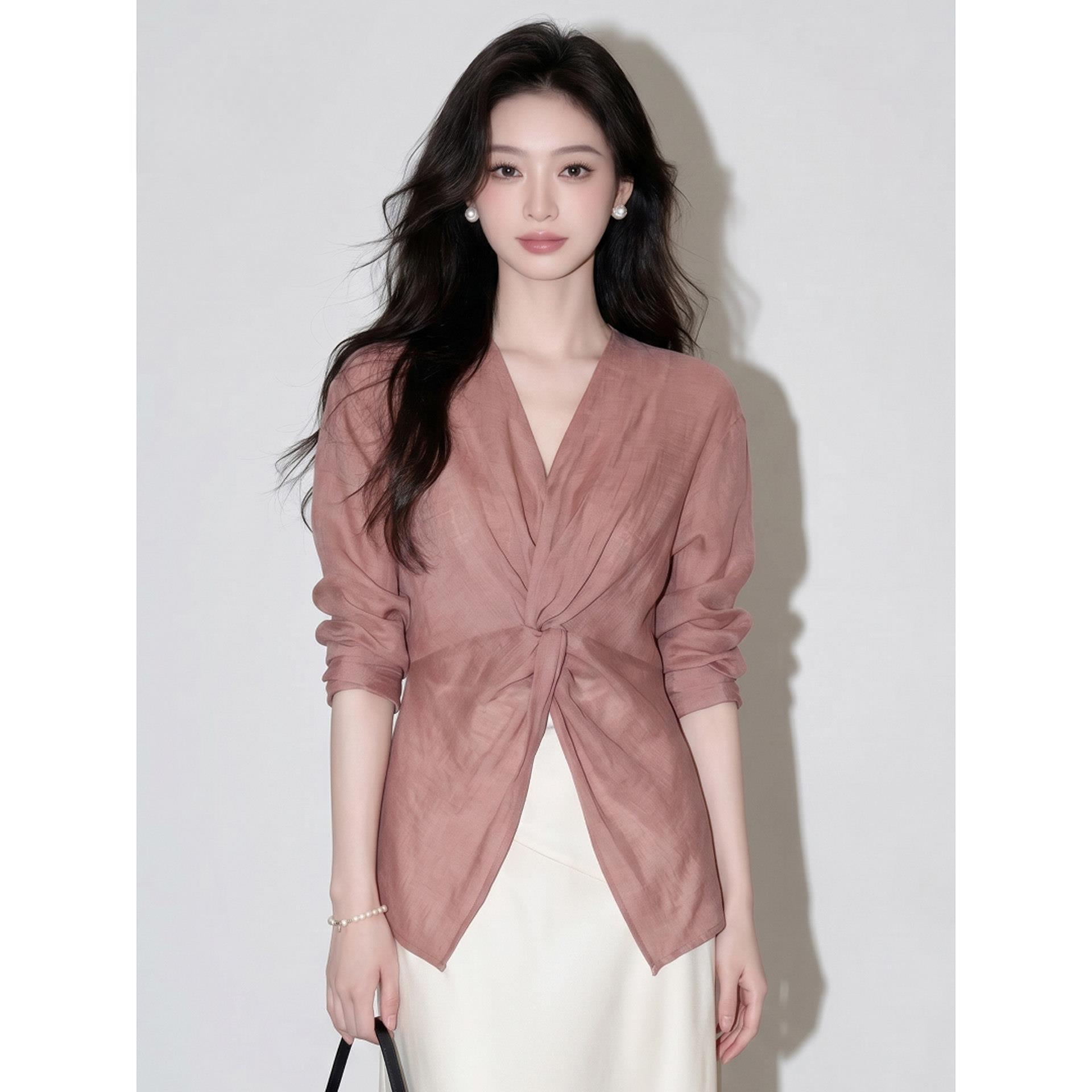 橡皮粉v领扭结通勤防晒衬衫女秋