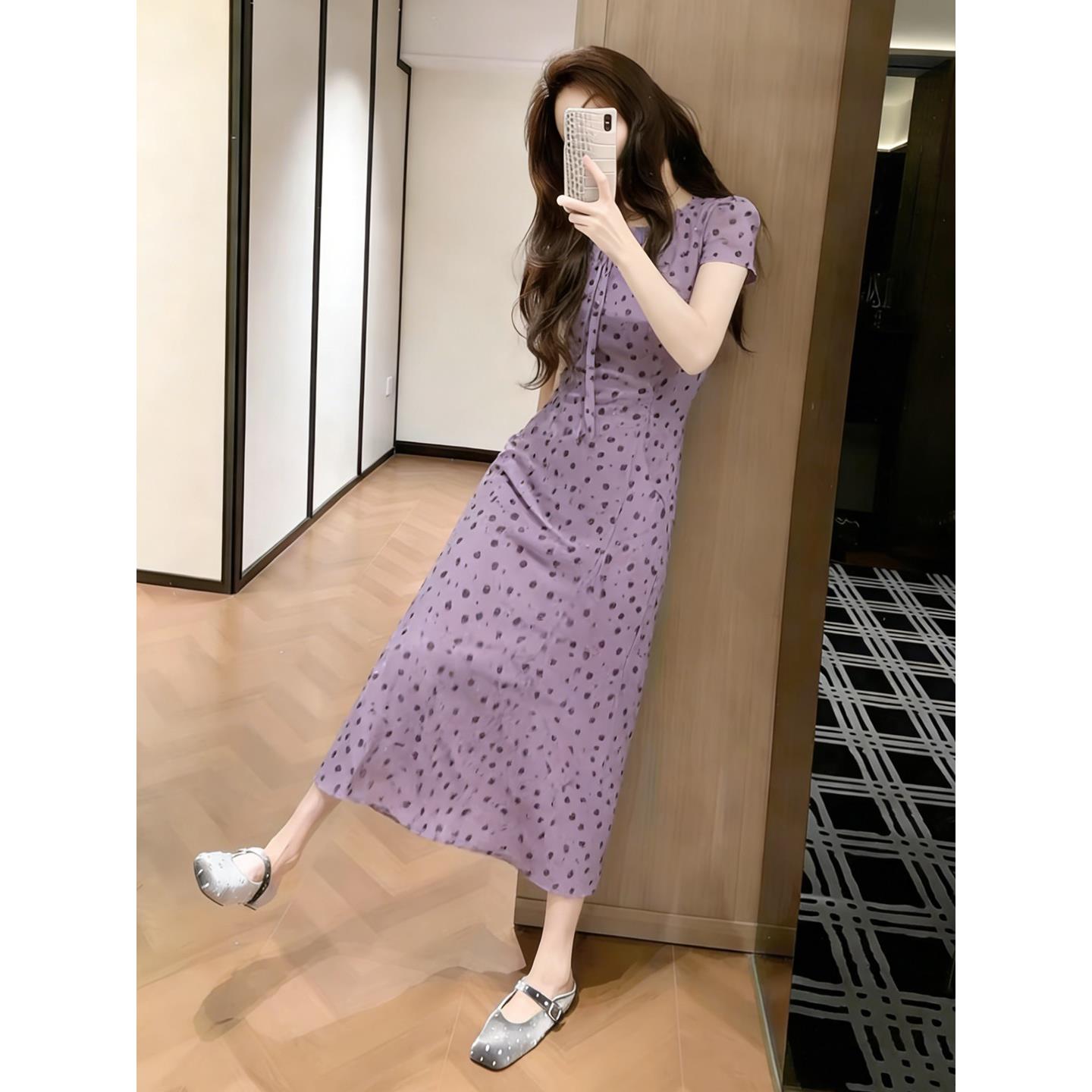 法式紫色短袖波点连衣裙女